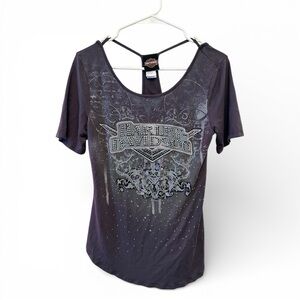 Y2K Era Harley-Davidson Women's Black and Silver Embellished Tunic Top XS